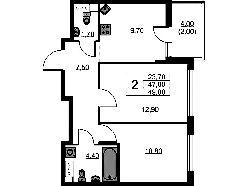 2-комнатная квартира 49 м², 8/11 эт., ЖК «А101 Лаголово»